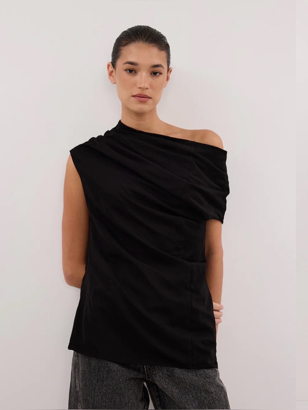 DISSH Black Cowl Neck Draped Top